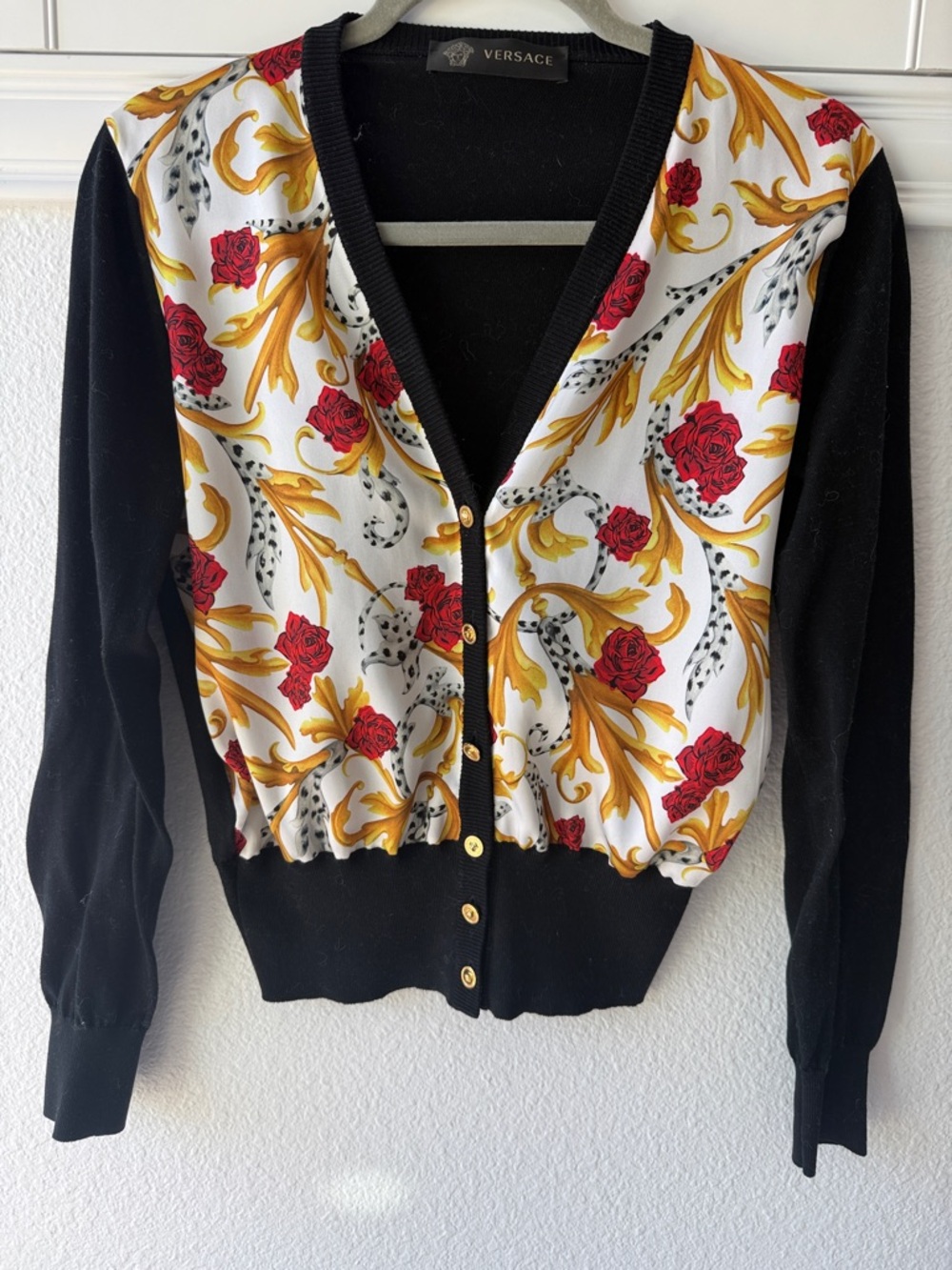Authentic Versace Black White Gold Red Baroque V-Neck Cardigan